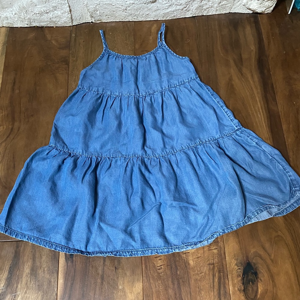 Girls Spaghetti Strap Blue Denim Tiered Dress - Size 5
